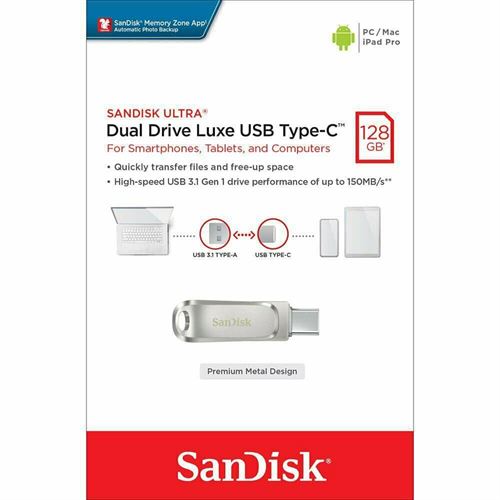 فلش مموری سن دیسک مدل Ultra Dual Drive Luxe USB Type-C ظرفیت 128 گیگابایت